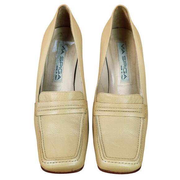 Via Spigia Square Toe Loafer Med Block Heel Butter Yellow Leather Women’s SZ 8 - Picture 1 of 13